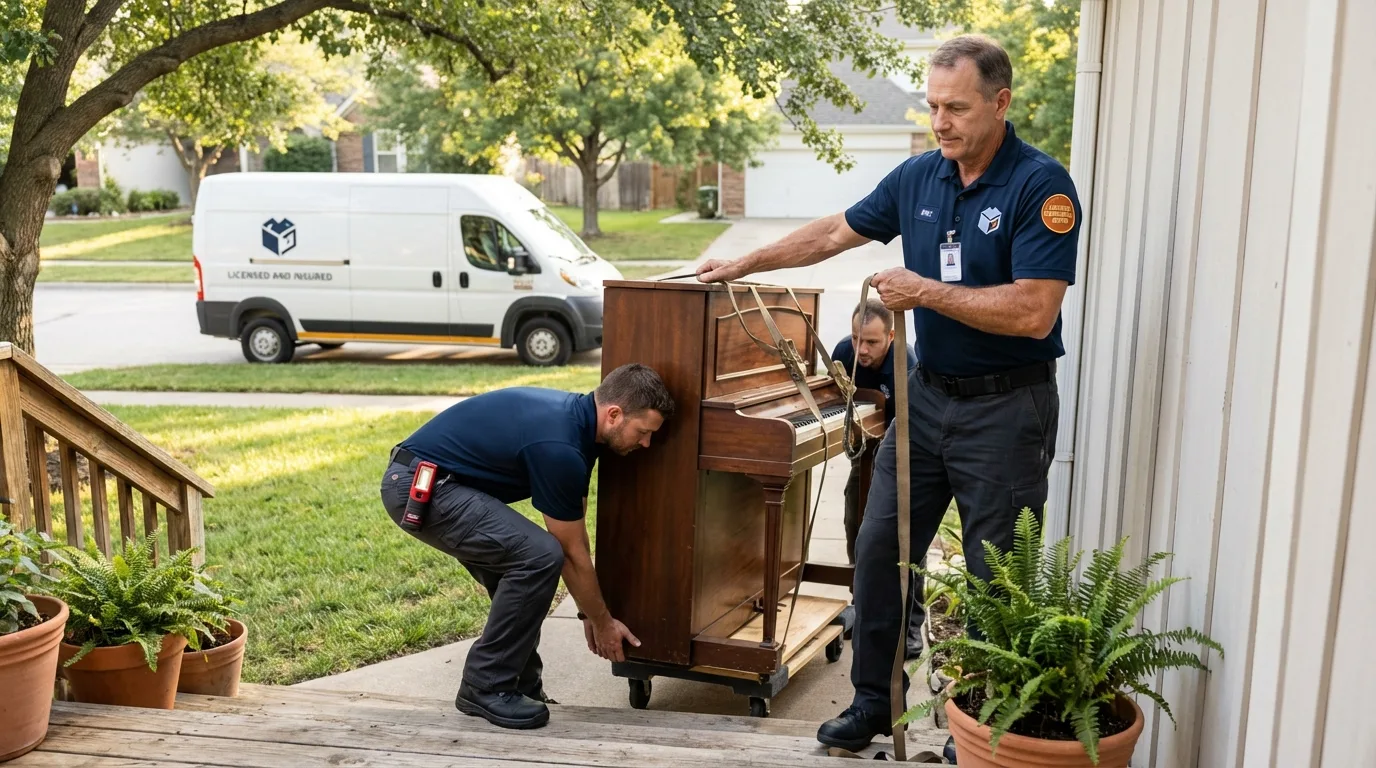 Licensed piano movers securing grand piano in Highland Falls, NY
