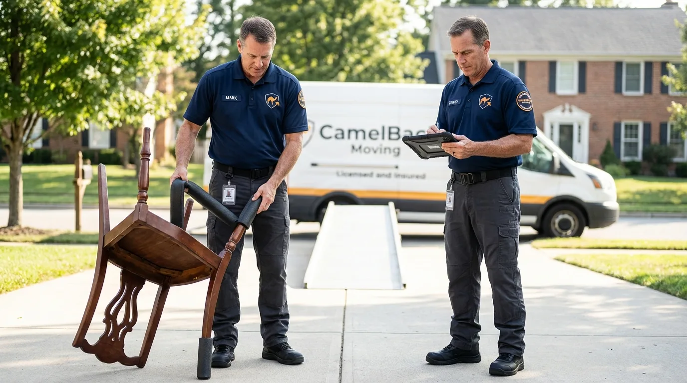 Movers inspecting furniture for damage prevention before loading in Highland Falls, NY