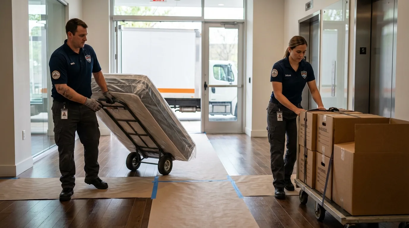 Professional apartment movers loading elevator in Highland Falls, NY