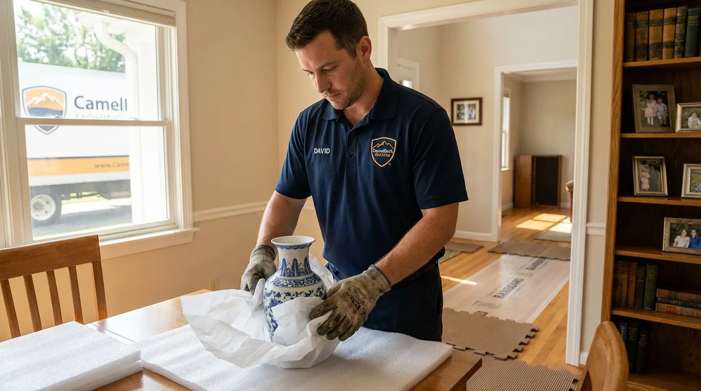 Professional crew carefully wrapping antique vase for senior downsizing move in Highland Falls, NY